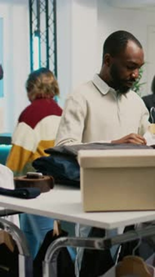 Man Arranging Clothing in Modern Shop