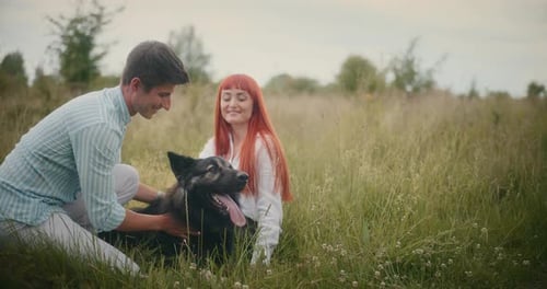 Couple Playing with Dog in Autumn Meadow