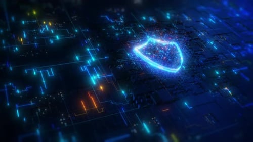 Cyber Security Shield Icon on Digital Circuit Board Network