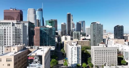Los Angeles City California Downtown Skyline Fly LA By Drone Top Aerial View Los Angeles CA USA May