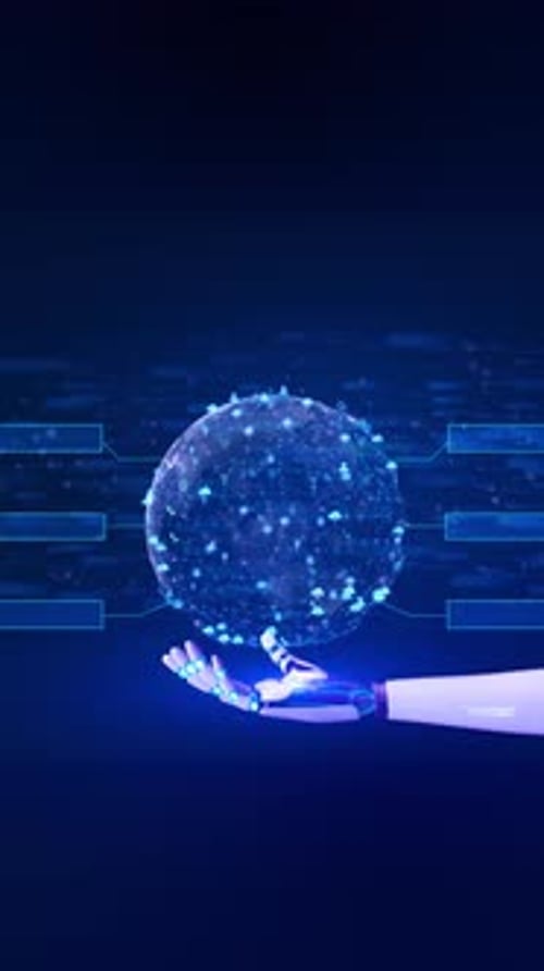 Robot hand global business network connection technology background. World map point line