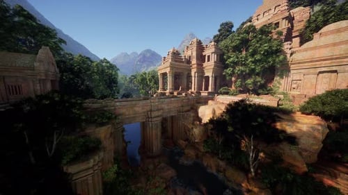 Ancient Temple Ruins Amidst Jungle Vegetation at Dusk