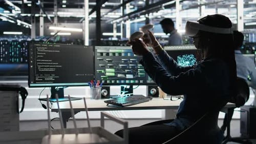 Serverfarm-Administrator mit VR-Geräten und Node Tree-Systemen