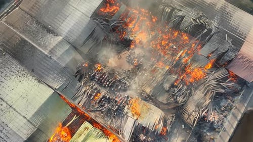 Ein Großbrand in einer Industrieanlage aus der Vogelperspektive.