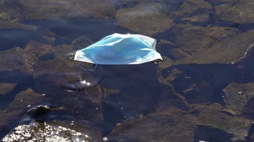Used face mask from Covid 19 pandemic floating in Norway fjord. Close up.
