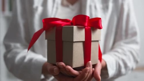 Person Holding Wrapped Gift with Red Ribbon