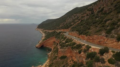 Aerial View of Road Along the Aegean Sea Coast in Turkiye