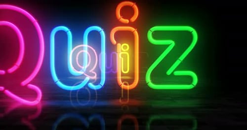 Quiz and barber shop neon symbol 3d flight between