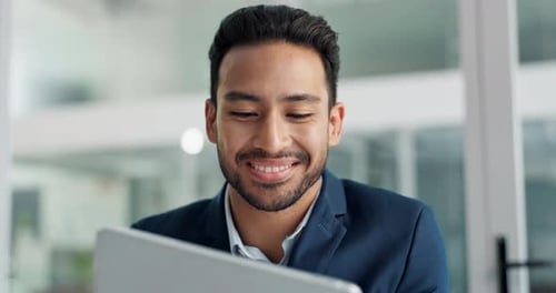 Happy man, reading on tablet and planning for law firm research, online article review