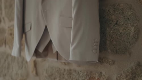 Elegant Groom's Light Suit Hanging on Stone Wall