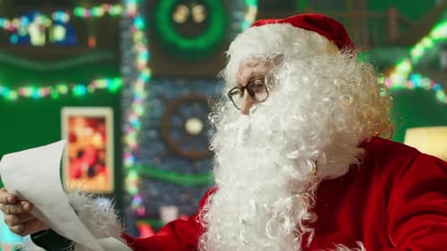 Exhausted Old Man Falling Asleep While Reading Children Christmas Wish Lists