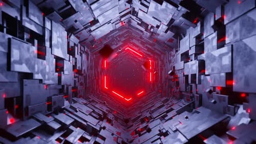 Graphiques animés en boucle sans faille représentant un vol dans un tunnel technologique hexagonal