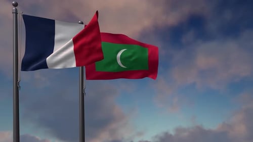France and Maldives Waving Flags with Realistic Sky Background