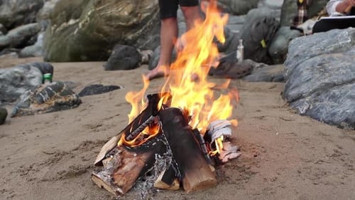 Campfire bonfire burning on beach.