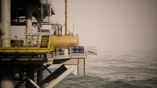 Oil Rig Platform Extending Over Ocean Waves at Sunrise Near Coastline