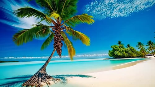 Strandszene im tropischen Paradies. Üppige Palmen beschatten einen unberührten Sandstrand