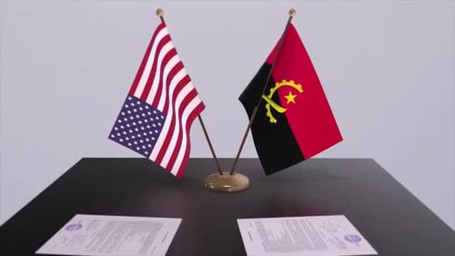 Angola and USA at the negotiating table, a diplomatic deal. Business and politics animation