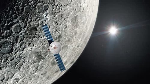 Space Probe Flying By the Lunar Surface of the Moon