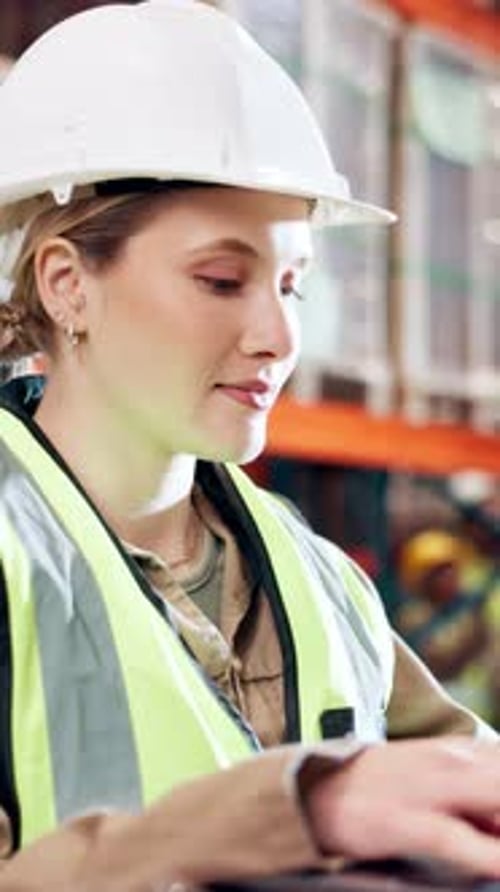 Laptop, logistics and stock with woman in warehouse for distribution or shipping schedule