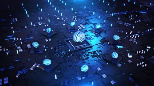 Futuristischer neuronaler Prozessor, Gehirntechnologie, digital verbundene Mikrochip-Leiterplatte, künstlich
