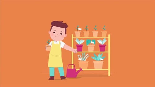 Animated Flat Design Gardener with Potted Plants on Shelf