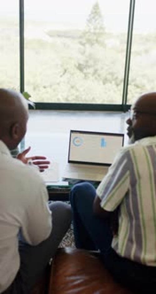 Vertical video: Discussing business strategy, two men using laptop with charts in office
