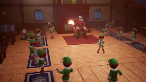 Christmas Elf Dancing in the Center of a Festive Workshop While Santa Applauds from His Chair 2