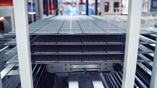 Working factory mechanism of making solar cells. Innovation technology concept.