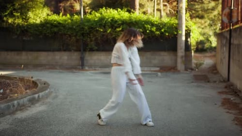 Short Hair Girl Dances On The Street Rap In White Clothes