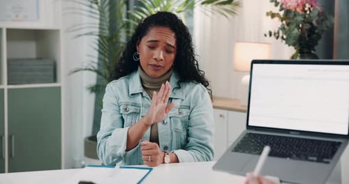 Patient, appointment and woman to explain symptoms in hospital office, healthcare and sneezing