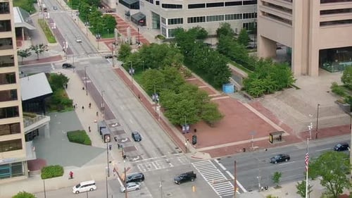 Reduced traffic on the streets of Baltimore during coronavirus pandemic. Aerial revealing shot