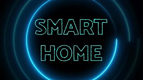 Smart home text with neon glowing circle animated on a dark background.