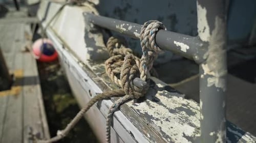 Rustikales Bootsseil aus Holz, das am Dock eines Jachthafens in Oregon an eine Klampe gebunden ist. - Approach Shot