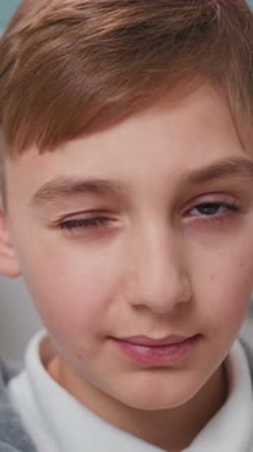 Young Boy Smiles in Portrait Close-Up, Brown Hair