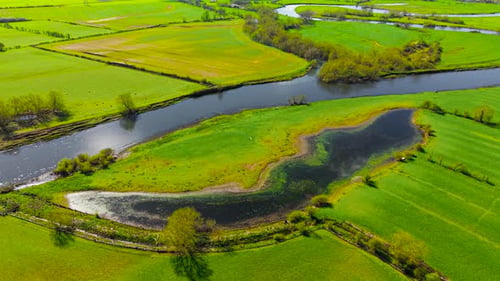 Courbe de rivière en forme d'arc naturel avec un étang peu profond et des zones humides à l'intérieur d'un paysage de champs verts