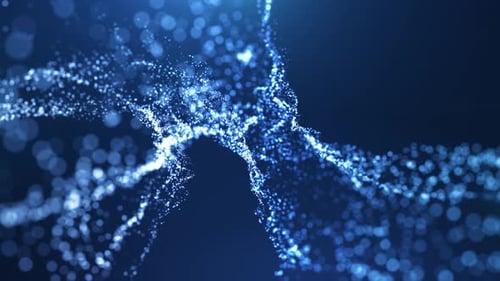 Abstrakte leuchtende Welle aus Partikeln und Punkten bewegt sich auf blauem Hintergrund, Big-Data-Visualisierung