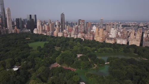 Aerial video of the skyscrapers in the city, Central Park in New York. USA