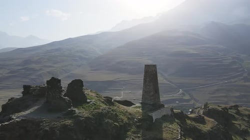 AERIAL Ancient Stone Towers Medieval Castle on a Mountainside