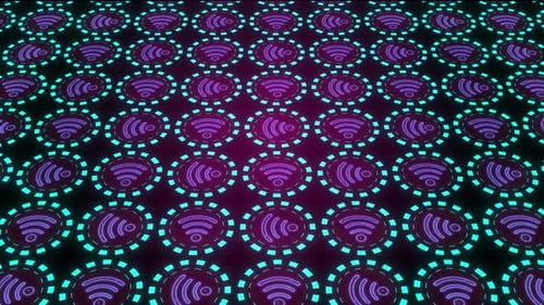 Glowing Neon Wi-Fi Symbols Network Loop Background