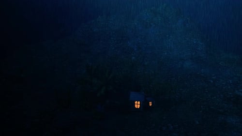 Das Haus auf dem abgelegenen Berg in der regnerischen Nacht