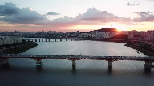4k Aerial Footage Sunset of Seoul City Skyline,South Korea