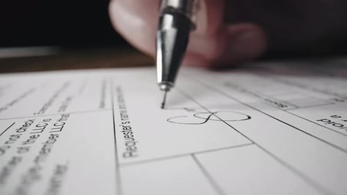 Closeup of Hand of Unrecognizable Person Signing a Document By Ballpoint Pen Concluding Contract