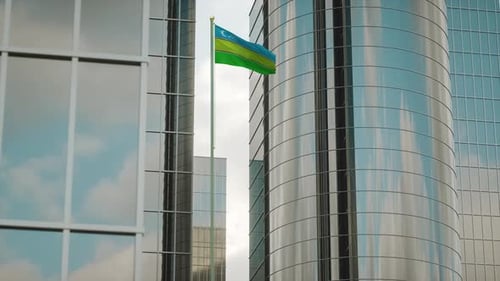Karakalpakstan Flag 3D Render Animation on Pole with City Buildings