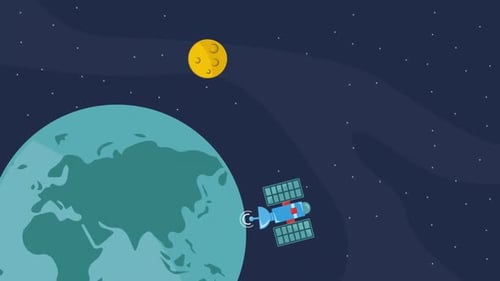 satellite at galaxy animation 2d video for astronomy concept