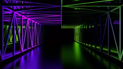 Mirrored Corridor With Purple And Light Green Neon Lines Background Vj Loop In 4K