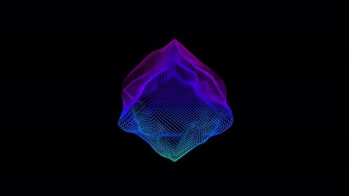 Ondas de distorsión en bucle en un cubo abstracto de partículas, datos digitales, salpicadura de caja, matriz de puntos