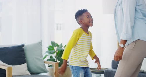 Dance, black family and mother with child in home for bonding, fun relationship and happy together