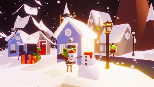 Festive 3D Christmas Village Scene with Snowman Animation