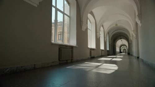 Empty Corridor in University Hall Long College Hallway Academy High School Indoors Room Without