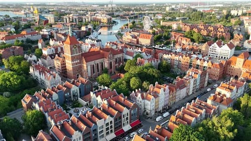 Aerial Drone Video Flying Over the Historic Tourist Center of Gdansk on a Summer Afternoon Poland
